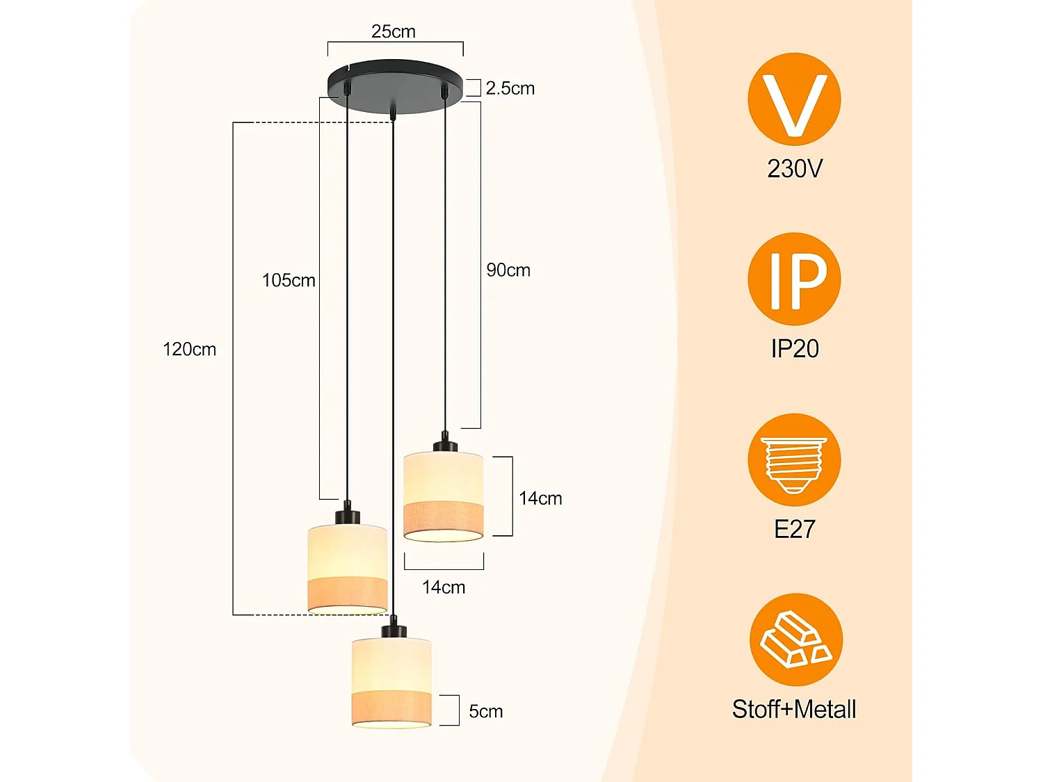 Nettlife Vintage Esstisch-Pendelleuchte - 3-flammiger weißer Stoff-Kronleuchter E27, Retro-Beleuchtung für Wohnzimmer und Küche (Leuchtmittel nicht enthalten)