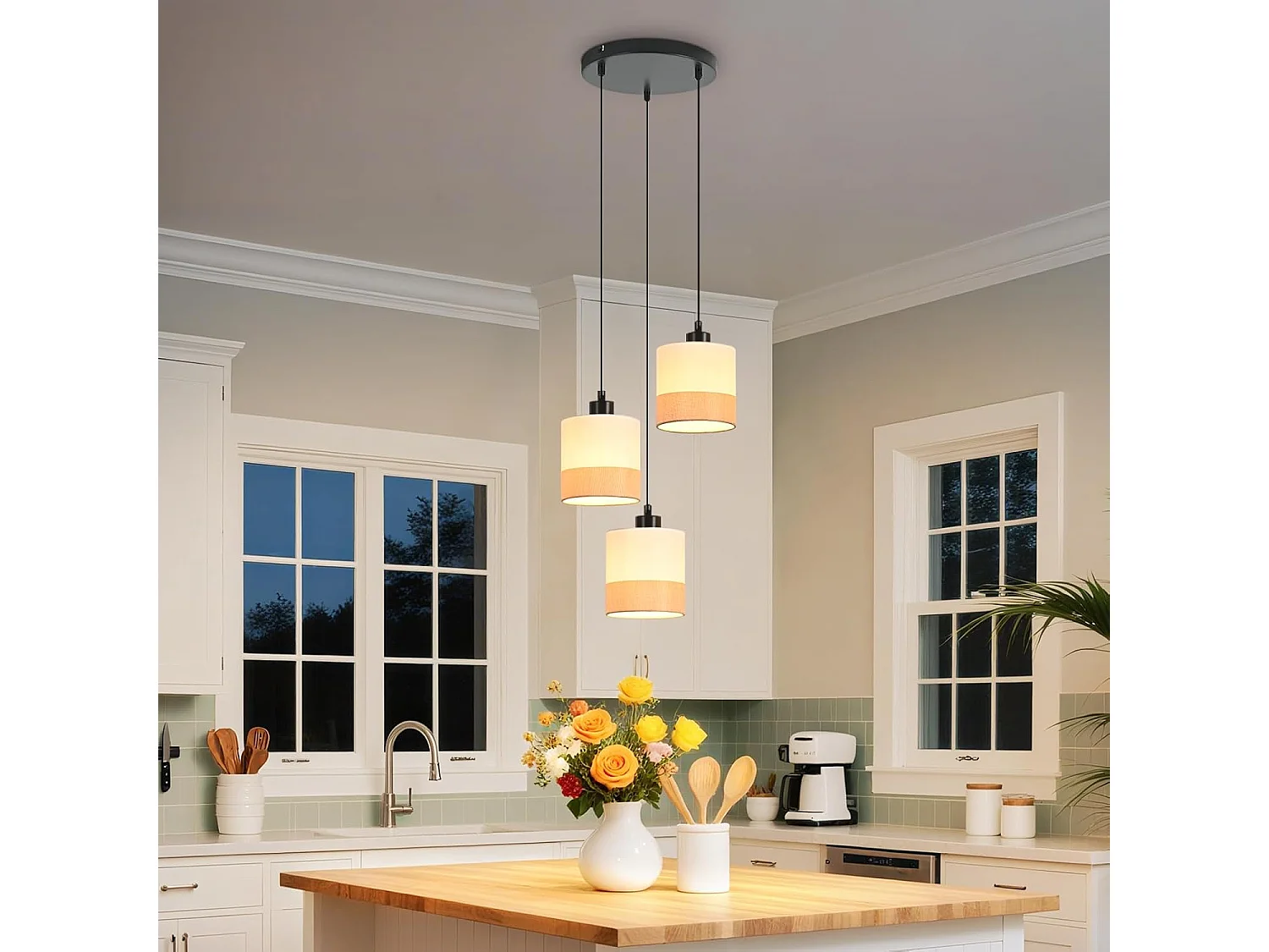 Nettlife Suspension Vintage Table à Manger - Lustre 3 Lampes Blanc Tissu E27, Luminaire Rétro pour Salon Cuisine (Sans Ampoule)