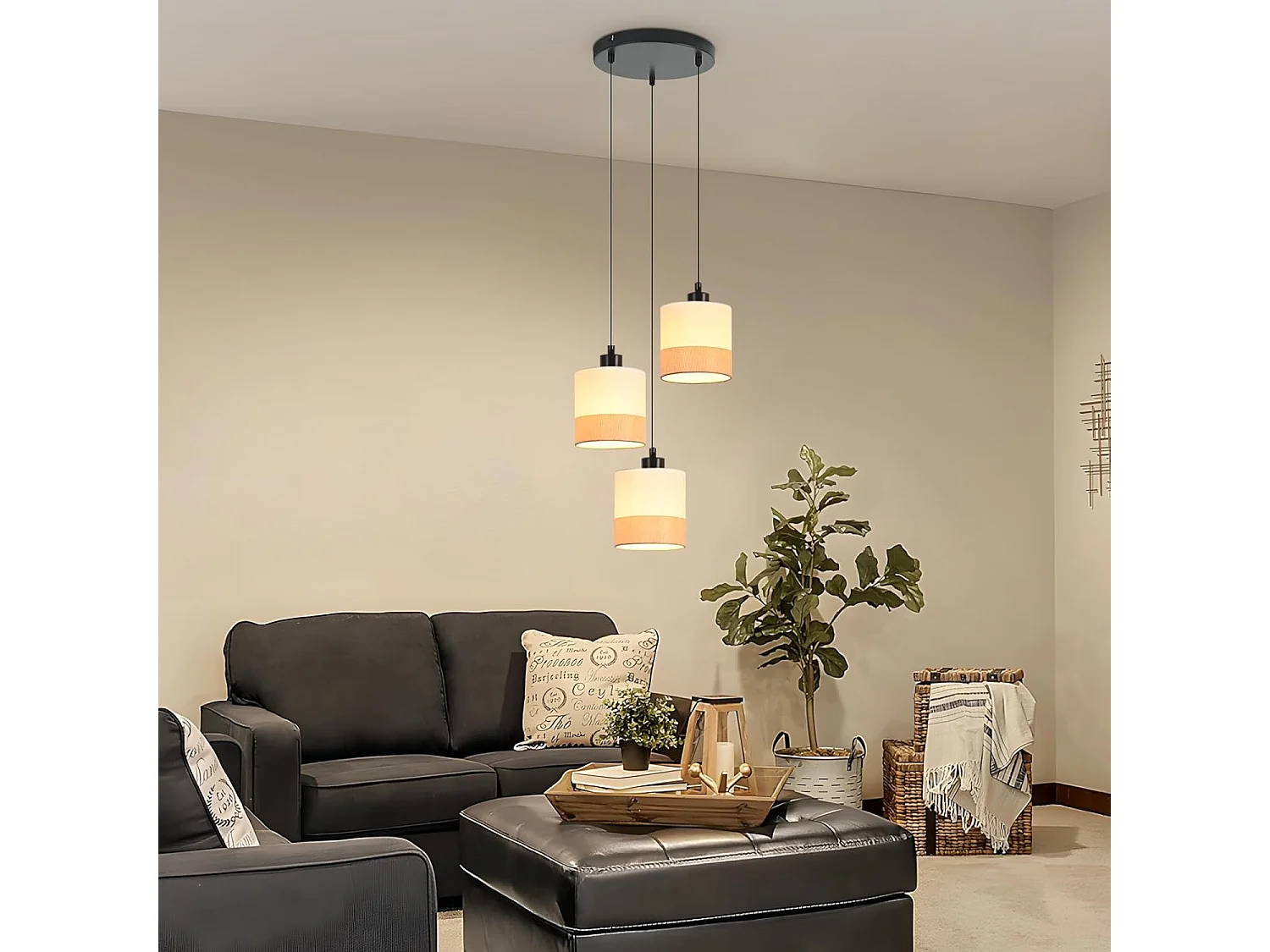 Nettlife Suspension Vintage Table à Manger - Lustre 3 Lampes Blanc Tissu E27, Luminaire Rétro pour Salon Cuisine (Sans Ampoule)