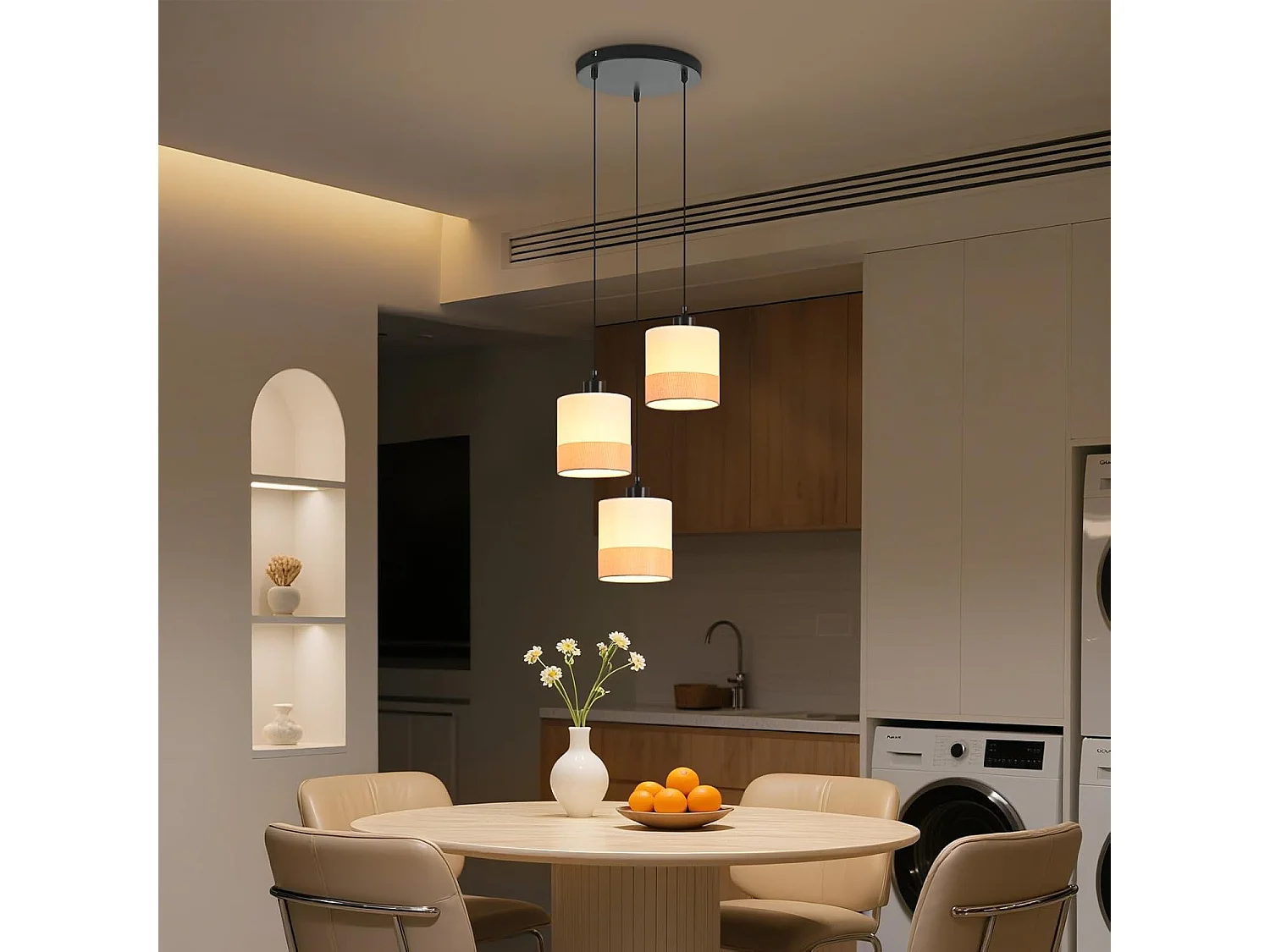 Nettlife Suspension Vintage Table à Manger - Lustre 3 Lampes Blanc Tissu E27, Luminaire Rétro pour Salon Cuisine (Sans Ampoule)