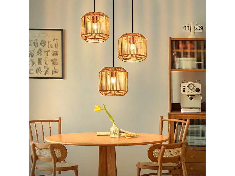 Lampa wisząca Nettlife Boho Rattan na stół jadalny – 3 żarówki E27, regulowana wysokość, styl retro, do salonu/sypialni (żarówki nie są dołączone)