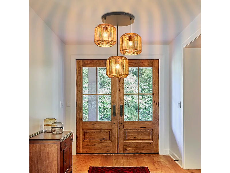 Lampa wisząca Nettlife Boho Rattan na stół jadalny – 3 żarówki E27, regulowana wysokość, styl retro, do salonu/sypialni (żarówki nie są dołączone)