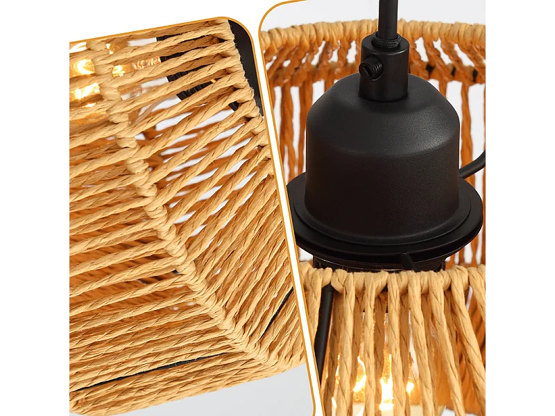 Lampa wisząca Nettlife Boho Rattan na stół jadalny – 3 żarówki E27, regulowana wysokość, styl retro, do salonu/sypialni (żarówki nie są dołączone)