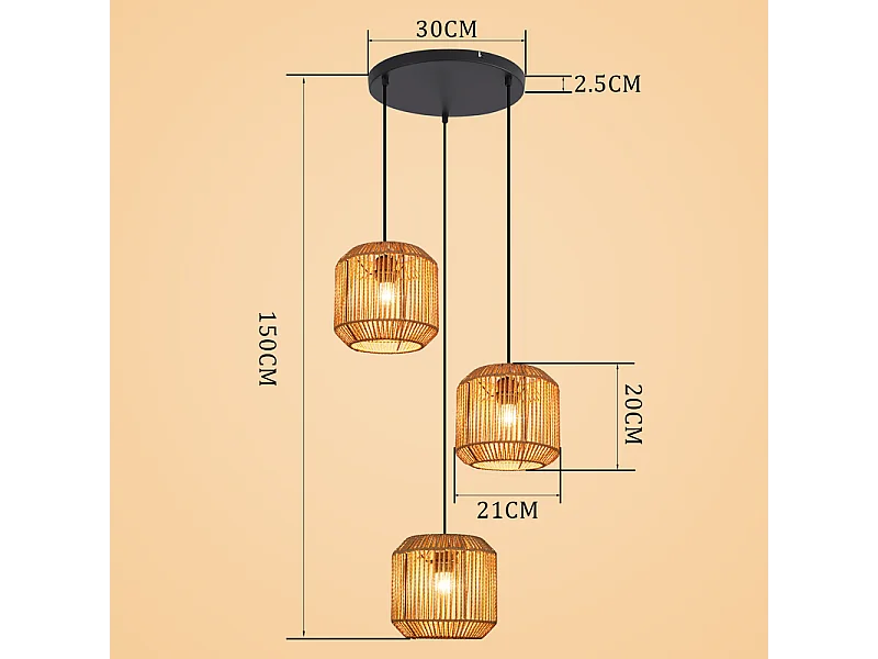 Nettlife Suspension Boho Rotin Table à Manger - Lampe 3 Lumières E27, Hauteur Réglable, Style Rétro, Salon Chambre (Sans Ampoule)