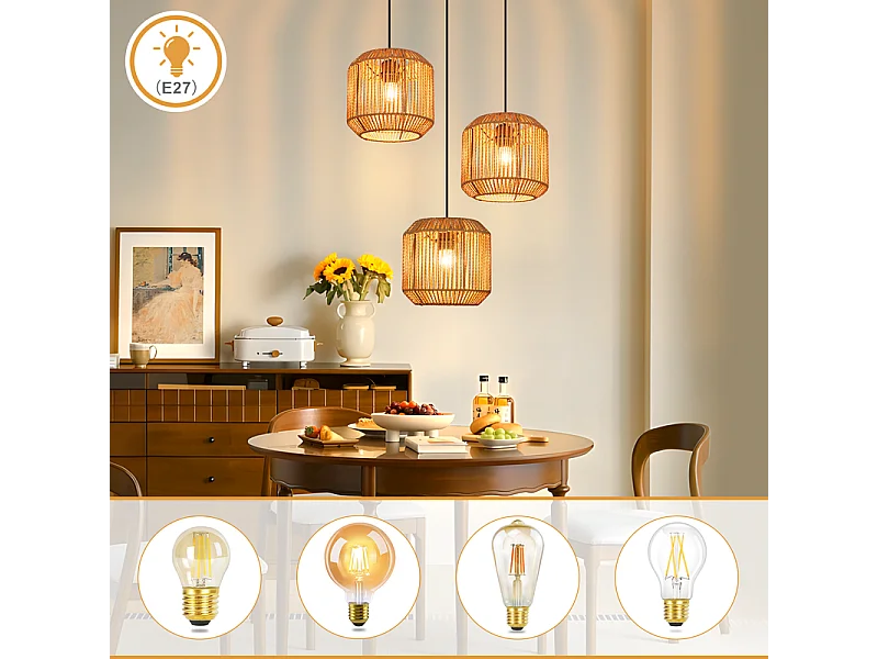 Nettlife Suspension Boho Rotin Table à Manger - Lampe 3 Lumières E27, Hauteur Réglable, Style Rétro, Salon Chambre (Sans Ampoule)
