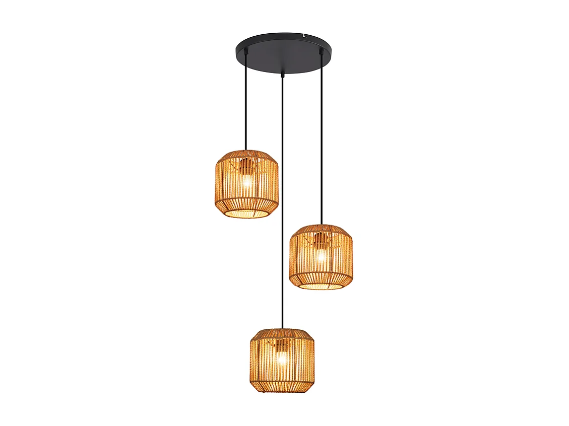 Nettlife Suspension Boho Rotin Table à Manger - Lampe 3 Lumières E27, Hauteur Réglable, Style Rétro, Salon Chambre (Sans Ampoule)