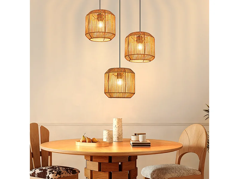 Nettlife Suspension Boho Rotin Table à Manger - Lampe 3 Lumières E27, Hauteur Réglable, Style Rétro, Salon Chambre (Sans Ampoule)