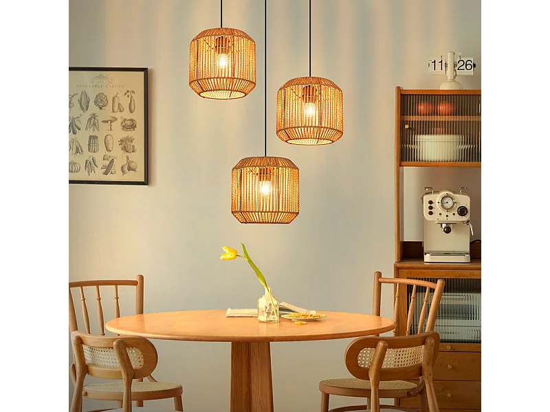 Nettlife Suspension Boho Rotin Table à Manger - Lampe 3 Lumières E27, Hauteur Réglable, Style Rétro, Salon Chambre (Sans Ampoule)