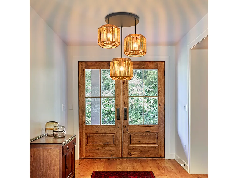 Nettlife Suspension Boho Rotin Table à Manger - Lampe 3 Lumières E27, Hauteur Réglable, Style Rétro, Salon Chambre (Sans Ampoule)