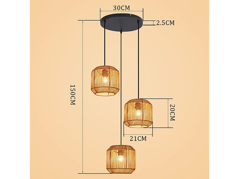 Nettlife Suspension Boho Rotin Table à Manger - Lampe 3 Lumières E27, Hauteur Réglable, Style Rétro, Salon Chambre (Sans Ampoule)