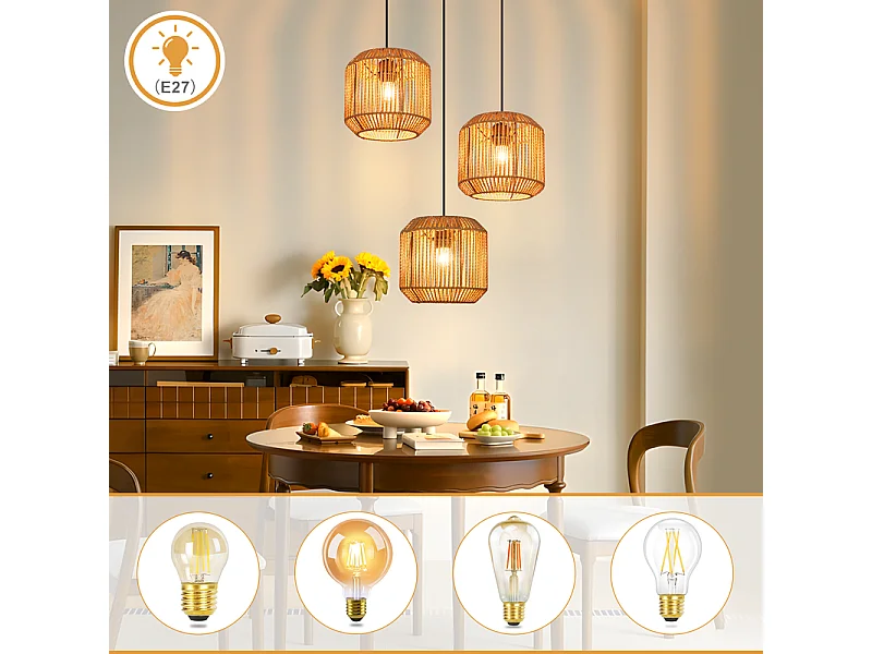Nettlife Suspension Boho Rotin Table à Manger - Lampe 3 Lumières E27, Hauteur Réglable, Style Rétro, Salon Chambre (Sans Ampoule)