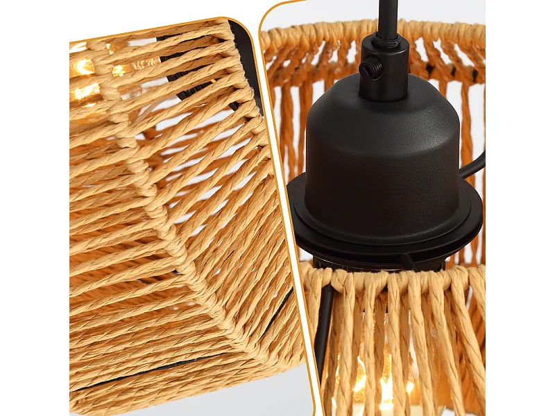 Nettlife Suspension Boho Rotin Table à Manger - Lampe 3 Lumières E27, Hauteur Réglable, Style Rétro, Salon Chambre (Sans Ampoule)