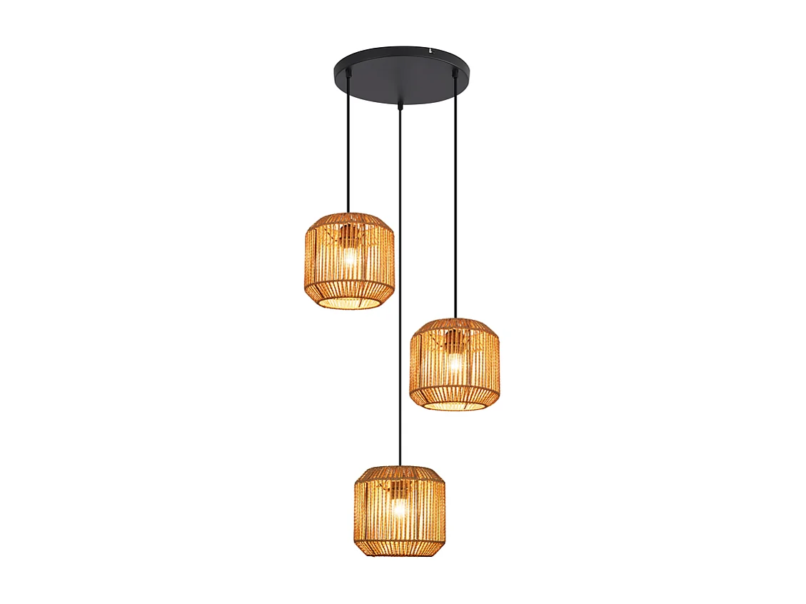 Nettlife Suspension Boho Rotin Table à Manger - Lampe 3 Lumières E27, Hauteur Réglable, Style Rétro, Salon Chambre (Sans Ampoule)