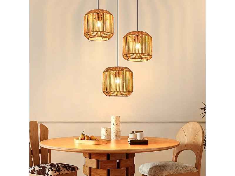 Nettlife Suspension Boho Rotin Table à Manger - Lampe 3 Lumières E27, Hauteur Réglable, Style Rétro, Salon Chambre (Sans Ampoule)
