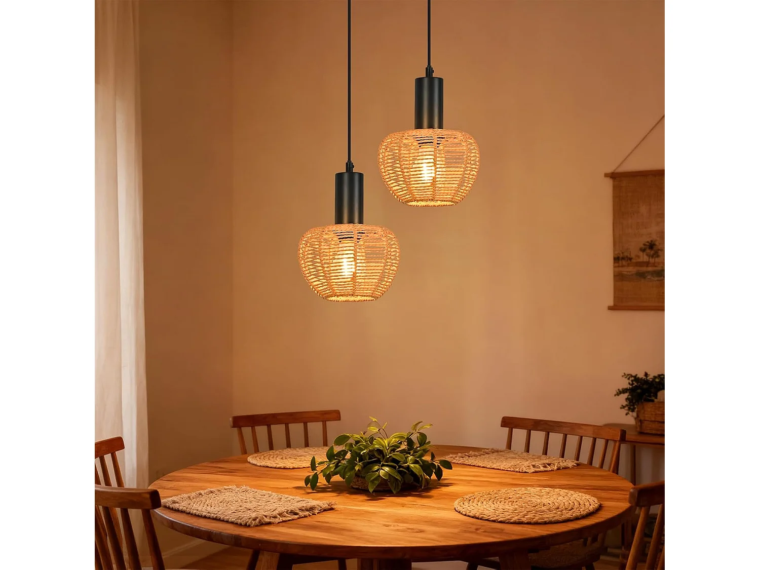 Lampa wisząca Nettlife Boho Rattan 1-światłowa – pleciona w stylu vintage, lina konopna E27 do jadalni (bez żarówki)