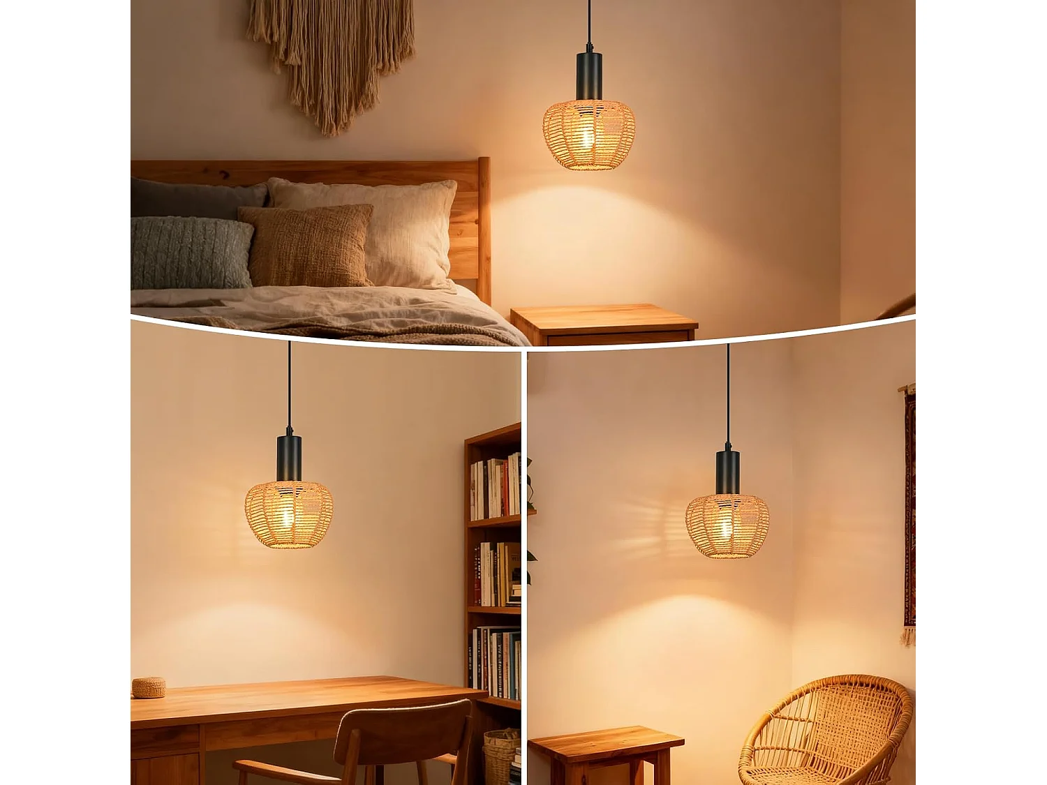 Lampa wisząca Nettlife Boho Rattan 1-światłowa – pleciona w stylu vintage, lina konopna E27 do jadalni (bez żarówki)