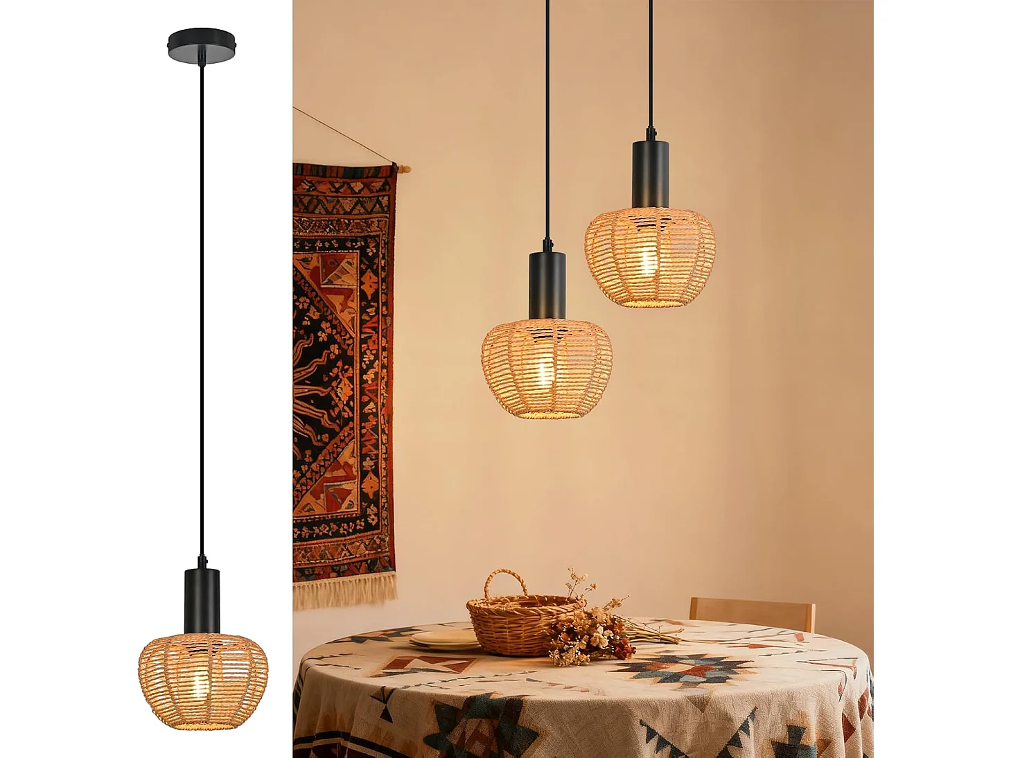 Suspension Nettlife Boho en rotin, 1 lumière - Style vintage, corde de chanvre tressée E27 pour salle à manger (ampoule non incluse)