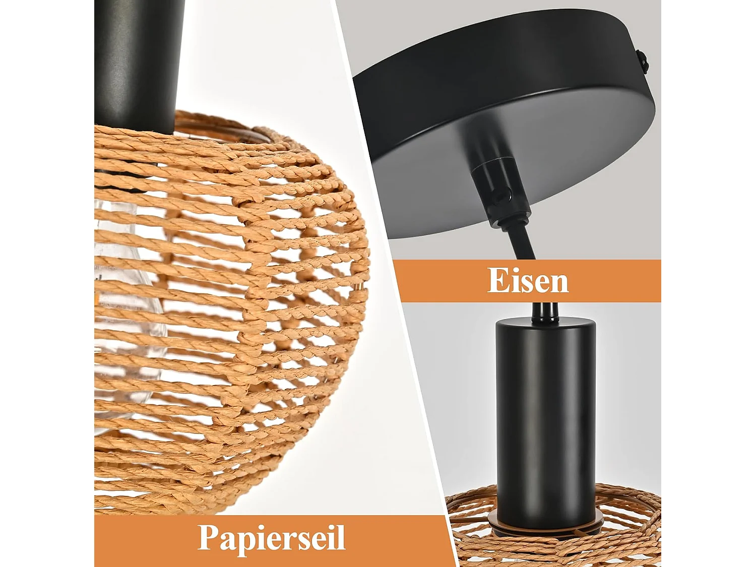 Suspension Nettlife Boho en rotin, 1 lumière - Style vintage, corde de chanvre tressée E27 pour salle à manger (ampoule non incluse)