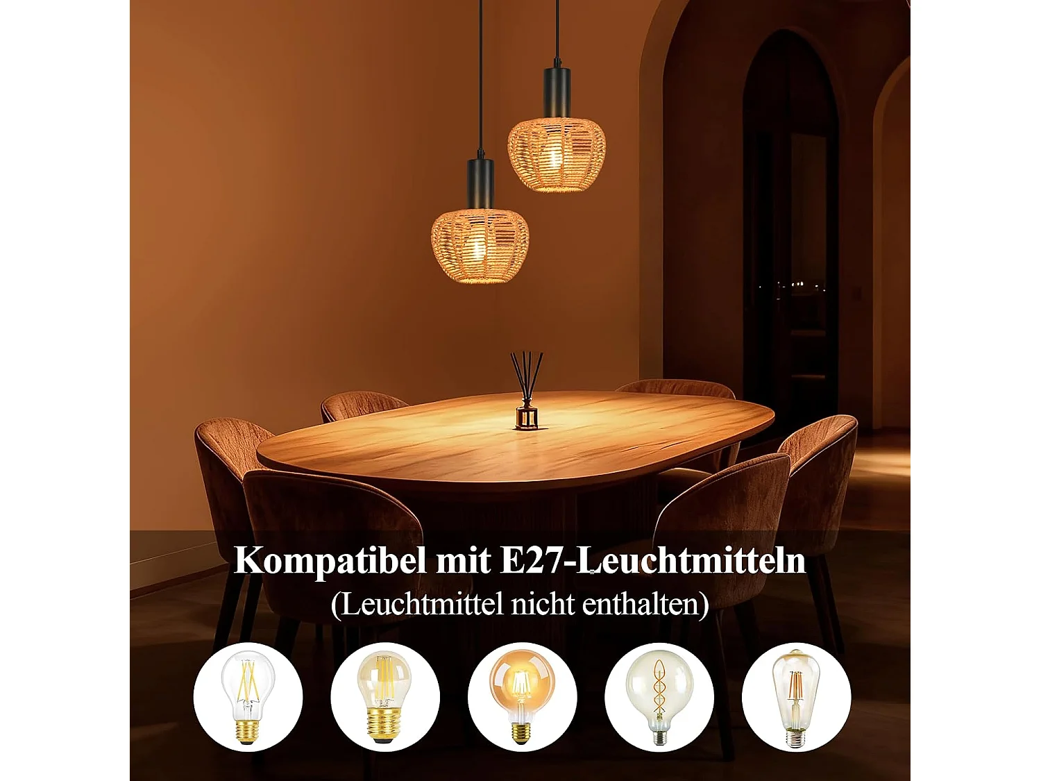 Suspension Nettlife Boho en rotin, 1 lumière - Style vintage, corde de chanvre tressée E27 pour salle à manger (ampoule non incluse)