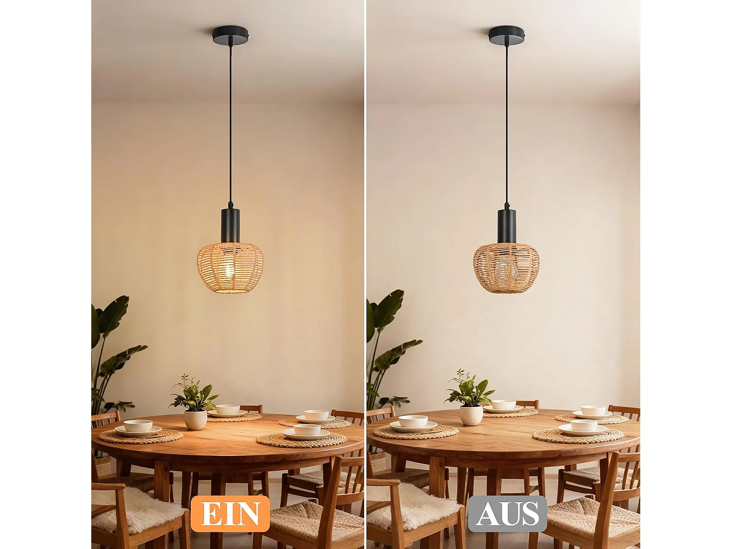 Suspension Nettlife Boho en rotin, 1 lumière - Style vintage, corde de chanvre tressée E27 pour salle à manger (ampoule non incluse)