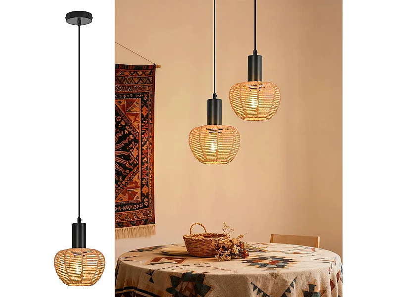 Lampa wisząca Nettlife Boho Rattan 1-światłowa – pleciona w stylu vintage, lina konopna E27 do jadalni (bez żarówki)