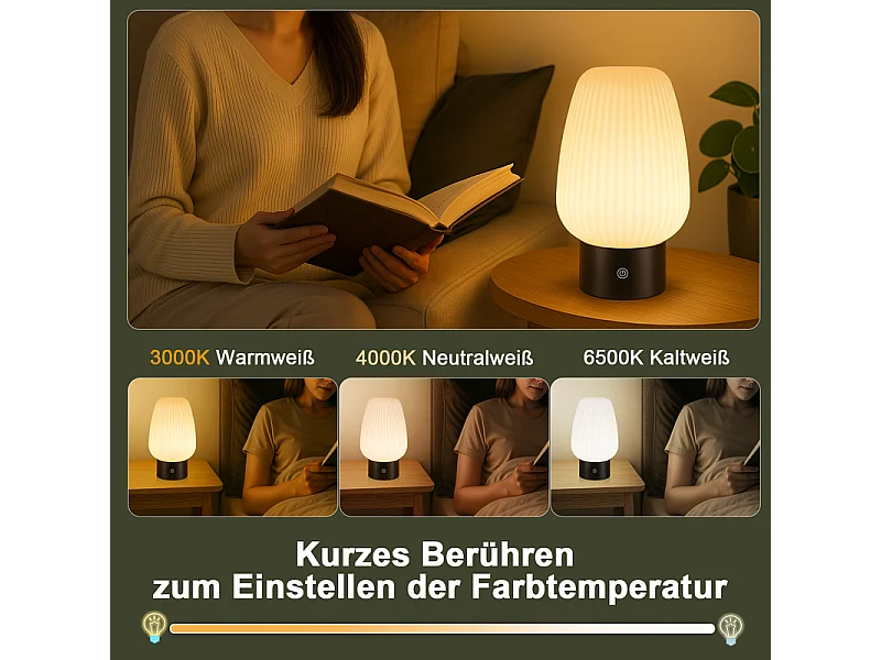 NETTLIFE lampe de table LED sans fil rechargeable – lampe tactile USB, verre blanc, dimmable 3000K–6500K, IP44, chambre & cuisine