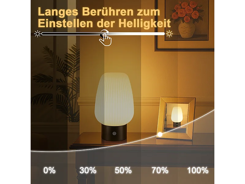NETTLIFE lampe de table LED sans fil rechargeable – lampe tactile USB, verre blanc, dimmable 3000K–6500K, IP44, chambre & cuisine