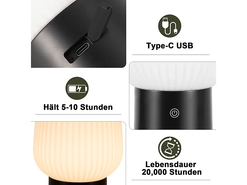 NETTLIFE lampe de table LED sans fil rechargeable – lampe tactile USB, verre blanc, dimmable 3000K–6500K, IP44, chambre & cuisine