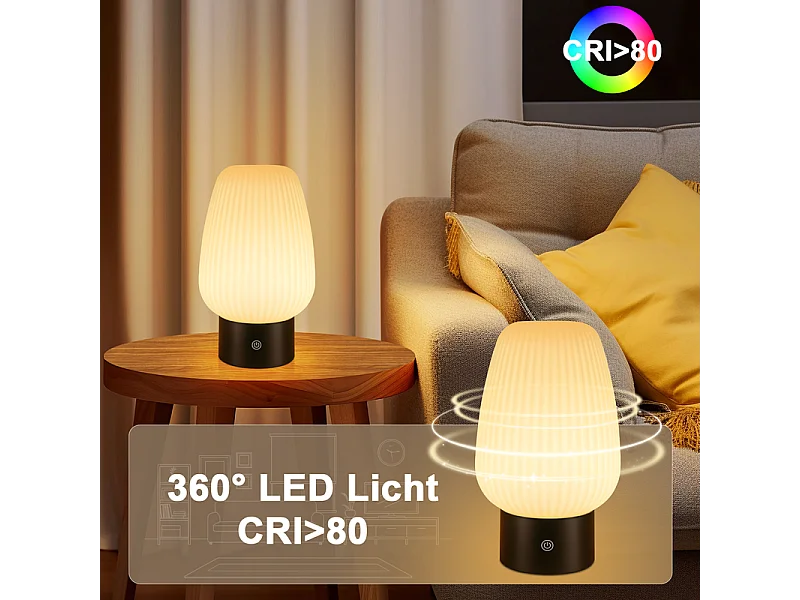 NETTLIFE lampe de table LED sans fil rechargeable – lampe tactile USB, verre blanc, dimmable 3000K–6500K, IP44, chambre & cuisine