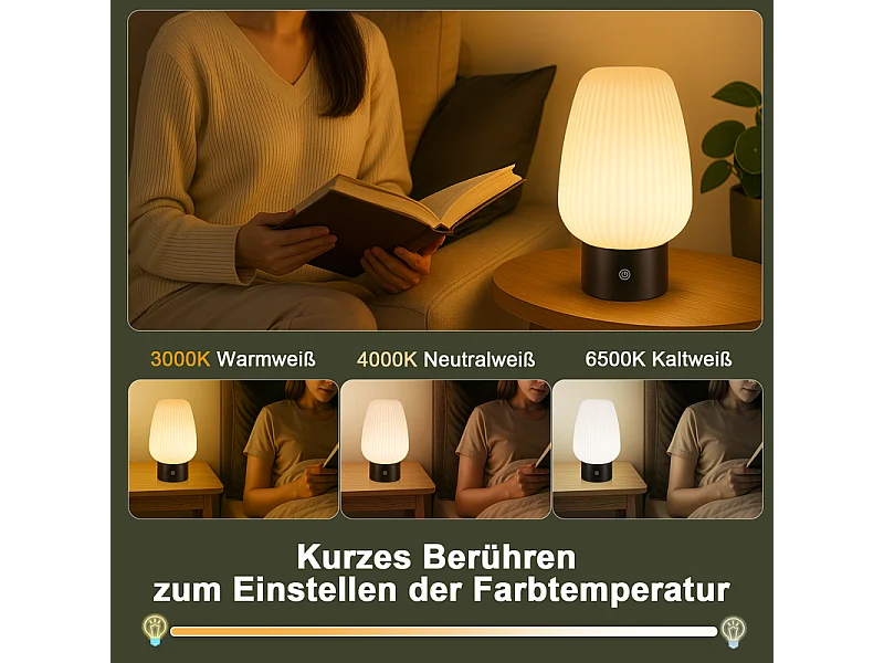 NETTLIFE lampe de table LED sans fil rechargeable – lampe tactile USB, verre blanc, dimmable 3000K–6500K, IP44, chambre & cuisine