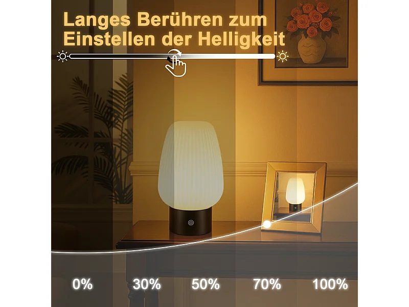 NETTLIFE lampe de table LED sans fil rechargeable – lampe tactile USB, verre blanc, dimmable 3000K–6500K, IP44, chambre & cuisine