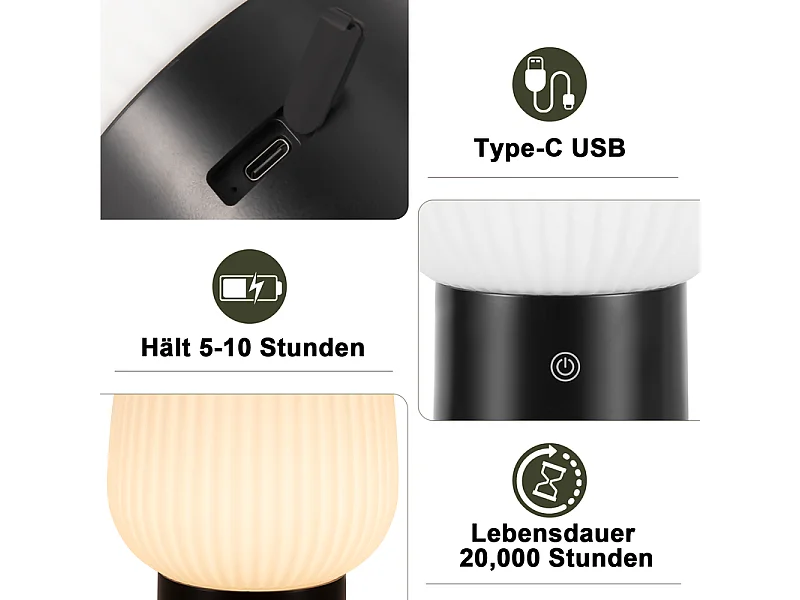 NETTLIFE lampe de table LED sans fil rechargeable – lampe tactile USB, verre blanc, dimmable 3000K–6500K, IP44, chambre & cuisine