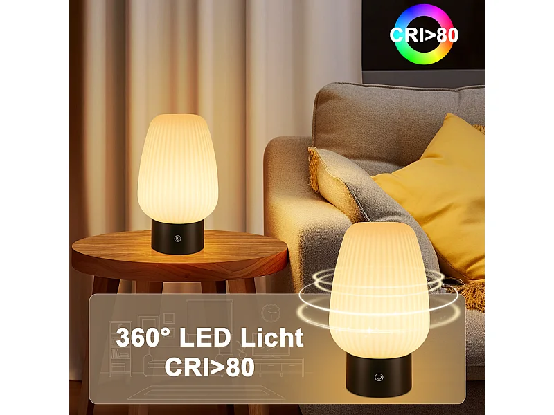 NETTLIFE lampe de table LED sans fil rechargeable – lampe tactile USB, verre blanc, dimmable 3000K–6500K, IP44, chambre & cuisine