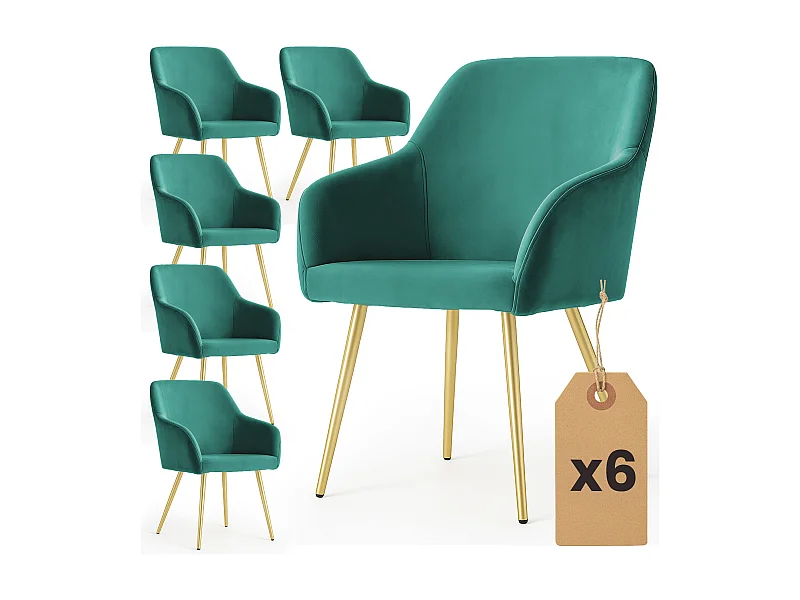 Lot de 6 Chaises en velours lisses ESTELLE Vert Bouteille pieds dorés