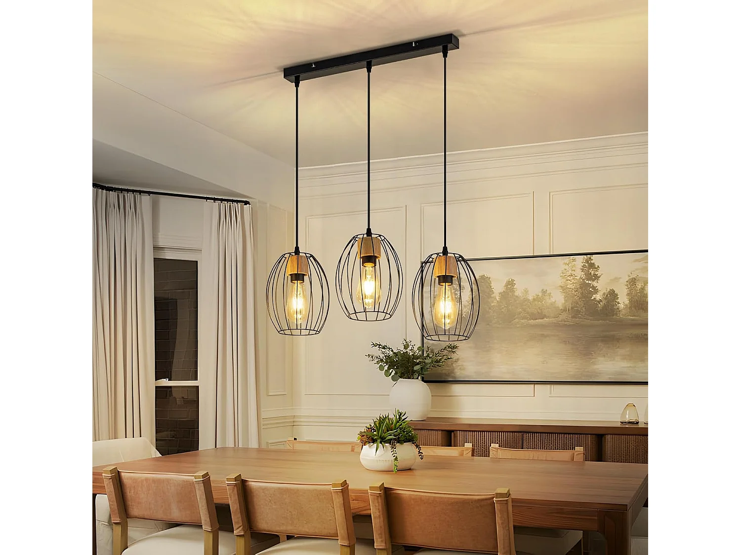 Lampa wisząca Nettlife Vintage na stół jadalny - 3-punktowa lampa wisząca na stół, czarny metal, gniazdo E27, styl retro (żarówki nie są dołączone).