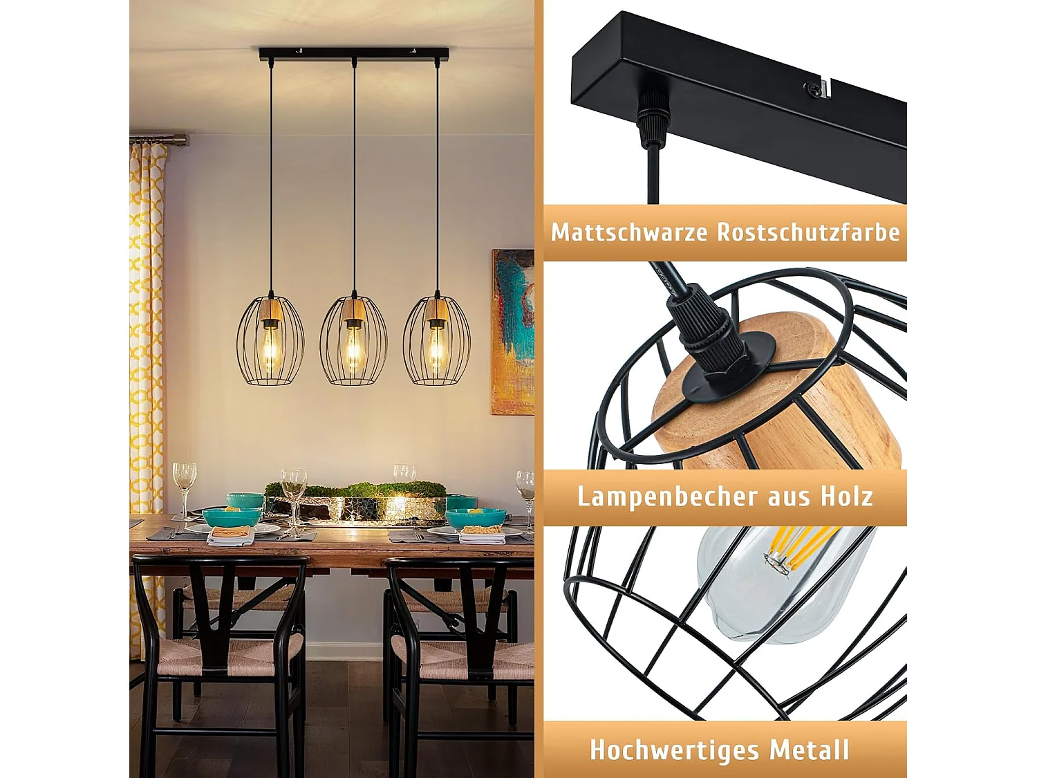 Lampa wisząca Nettlife Vintage na stół jadalny - 3-punktowa lampa wisząca na stół, czarny metal, gniazdo E27, styl retro (żarówki nie są dołączone).