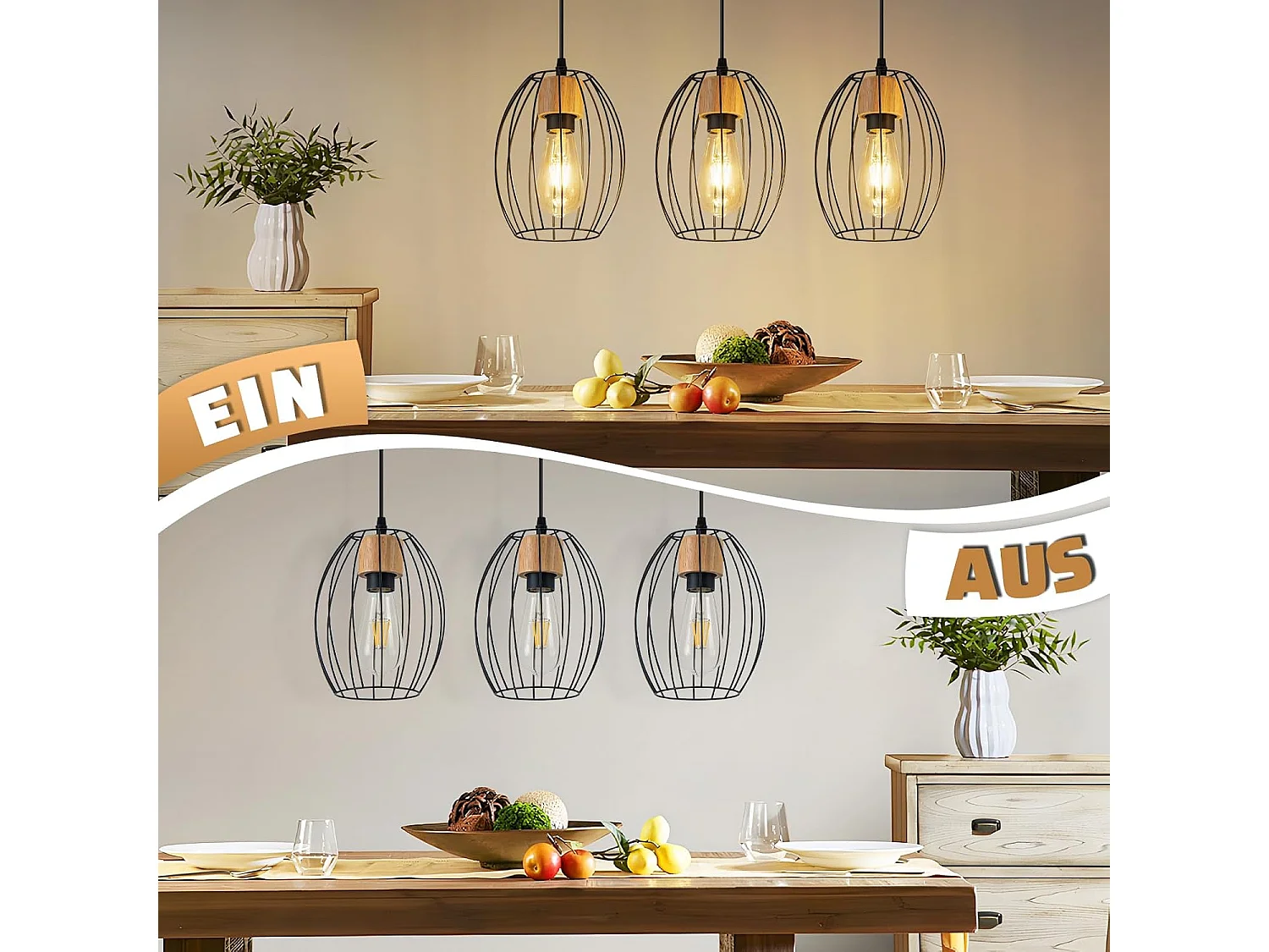 Lampa wisząca Nettlife Vintage na stół jadalny - 3-punktowa lampa wisząca na stół, czarny metal, gniazdo E27, styl retro (żarówki nie są dołączone).