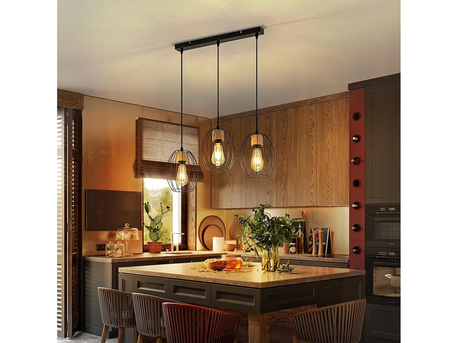 Lampa wisząca Nettlife Vintage na stół jadalny - 3-punktowa lampa wisząca na stół, czarny metal, gniazdo E27, styl retro (żarówki nie są dołączone).