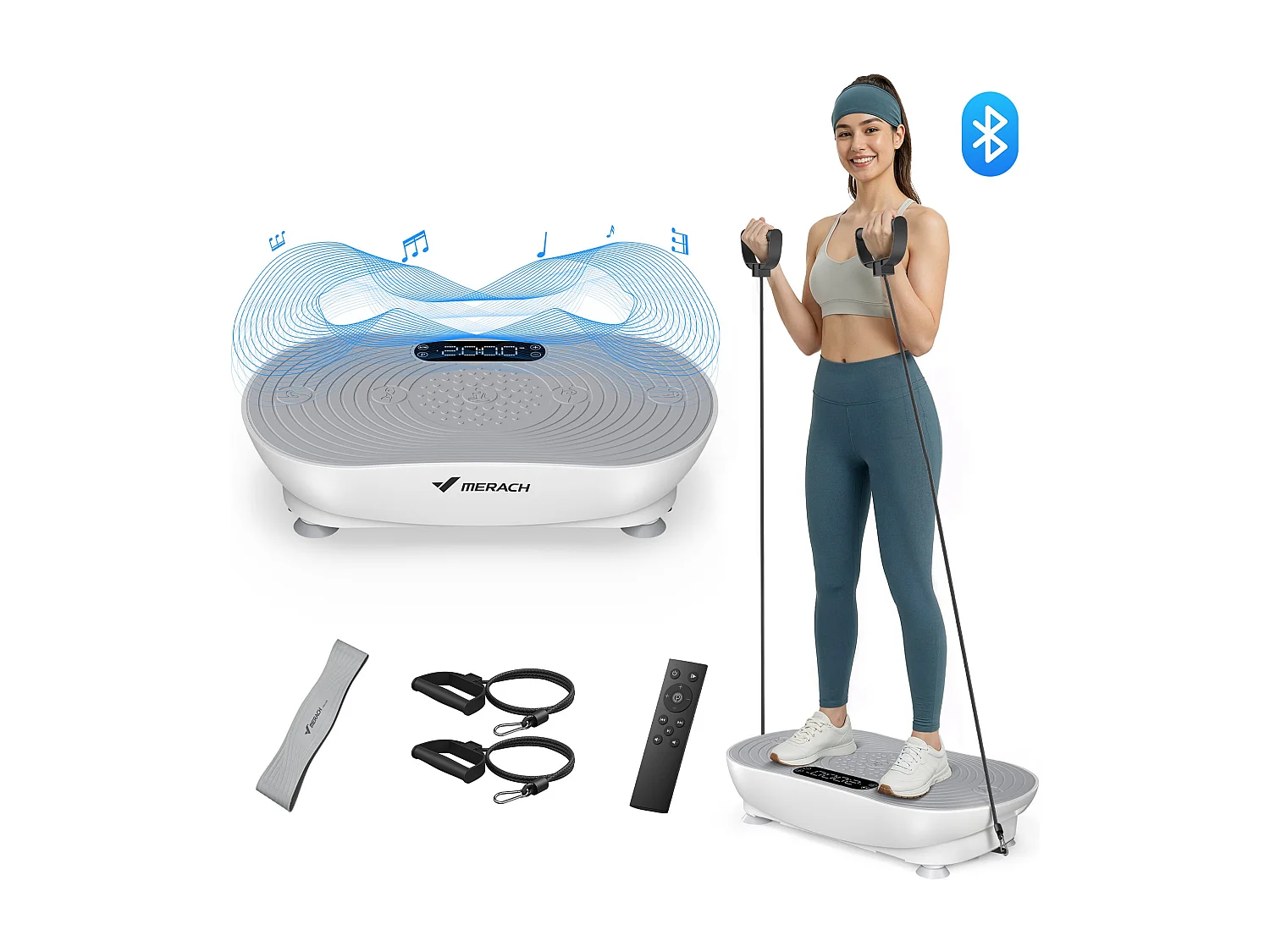 Plateforme Vibrante MERACH, 99 Niveaux, Bluetooth, Télécommande, LED, Perte de Poids, Tonification Musculaire, Exercice Complet, Double Mode, 158KG