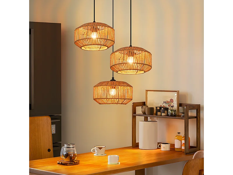 Lampa wisząca Nettlife Rattan Φ25 Lampa wisząca w stylu vintage do jadalni, 1 żarówka, styl retro z gniazdem E27 (żarówka nie jest dołączona)