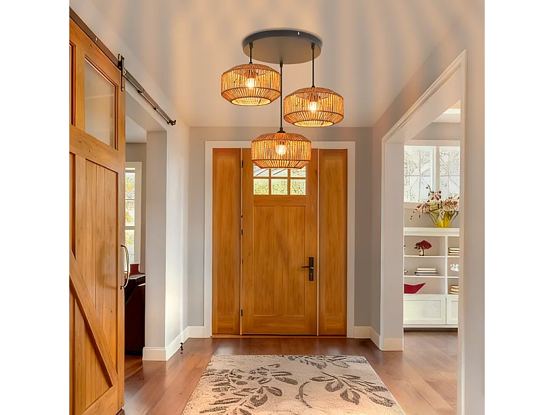 Lampa wisząca Nettlife Rattan Φ25 Lampa wisząca w stylu vintage do jadalni, 1 żarówka, styl retro z gniazdem E27 (żarówka nie jest dołączona)