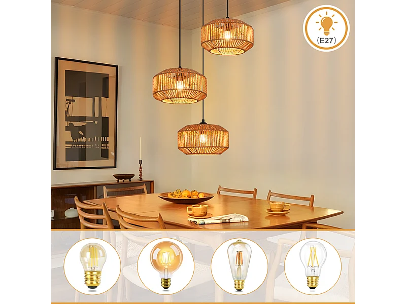 Lampa wisząca Nettlife Rattan Φ25 Lampa wisząca w stylu vintage do jadalni, 1 żarówka, styl retro z gniazdem E27 (żarówka nie jest dołączona)