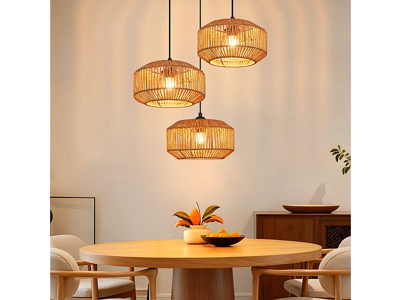 Nettlife Suspension rotin Φ25 Suspension vintage pour table à manger, 1 lumière, design rétro avec douille E27 (ampoule non incluse)