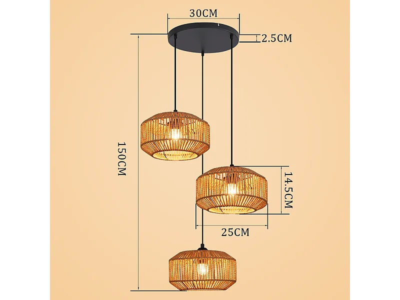 Nettlife Suspension rotin Φ25 Suspension vintage pour table à manger, 1 lumière, design rétro avec douille E27 (ampoule non incluse)