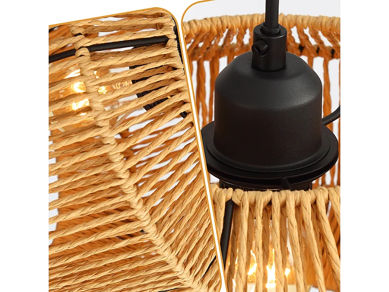 Nettlife Suspension rotin Φ25 Suspension vintage pour table à manger, 1 lumière, design rétro avec douille E27 (ampoule non incluse)