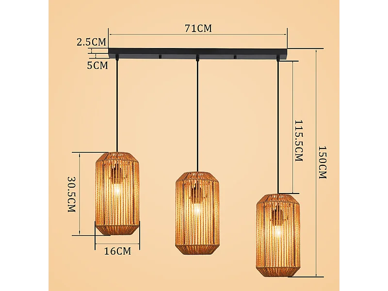 Nettlife Boho Rotan Hanglamp voor Eettafel - 3 E27 Lampen, Verstelbare Hoogte, Retro Stijl, Woonkamer/Slaapkamer (Lampen Niet Inbegrepen)