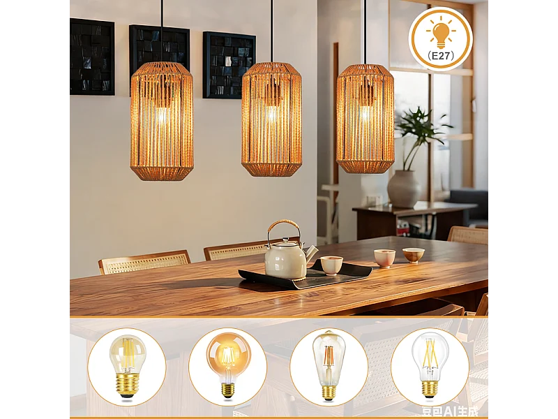 Nettlife Boho Rotan Hanglamp voor Eettafel - 3 E27 Lampen, Verstelbare Hoogte, Retro Stijl, Woonkamer/Slaapkamer (Lampen Niet Inbegrepen)