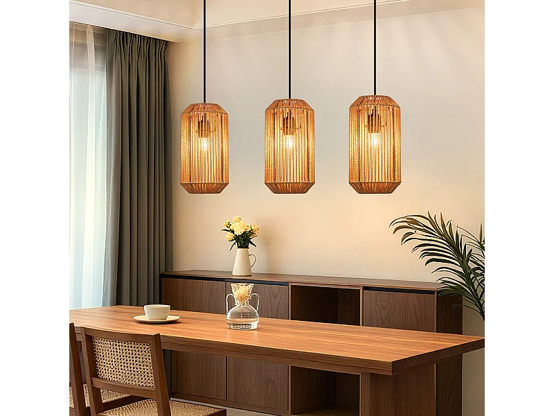 Nettlife Suspension Boho Rotin Table à Manger - Lampe 3 Lumières E27, Hauteur Réglable, Style Rétro, Salon Chambre (Sans Ampoule)