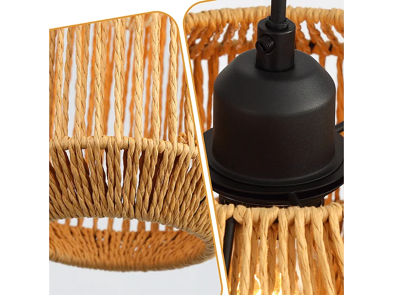 Nettlife Suspension Boho Rotin Table à Manger - Lampe 3 Lumières E27, Hauteur Réglable, Style Rétro, Salon Chambre (Sans Ampoule)