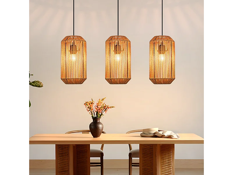 Nettlife Suspension Boho Rotin Table à Manger - Lampe 3 Lumières E27, Hauteur Réglable, Style Rétro, Salon Chambre (Sans Ampoule)